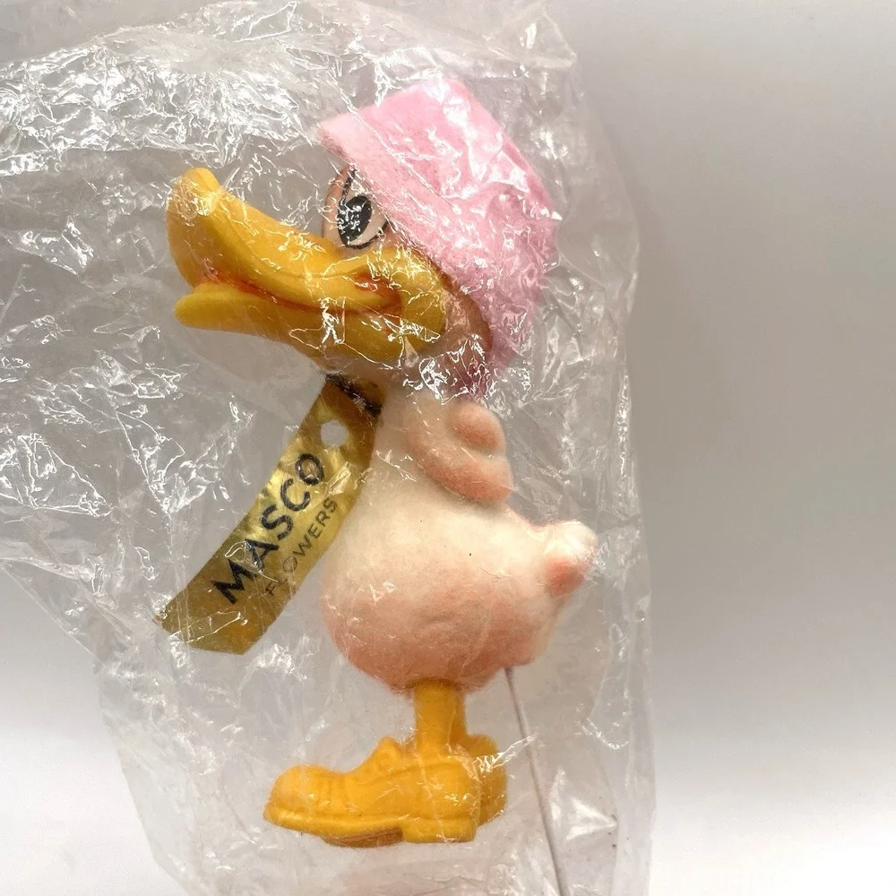 2 Vintage‎ Masco Flowers Flocked Pink Yellow Ducks Floral Picks Hong Kong NOS